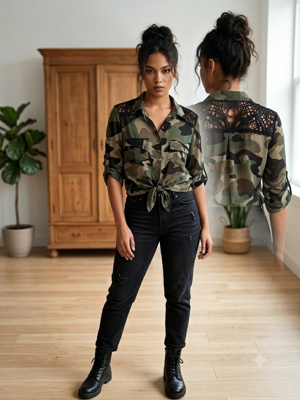 Crochet-Back Camo Tie-Front Shirt - Olive Camo